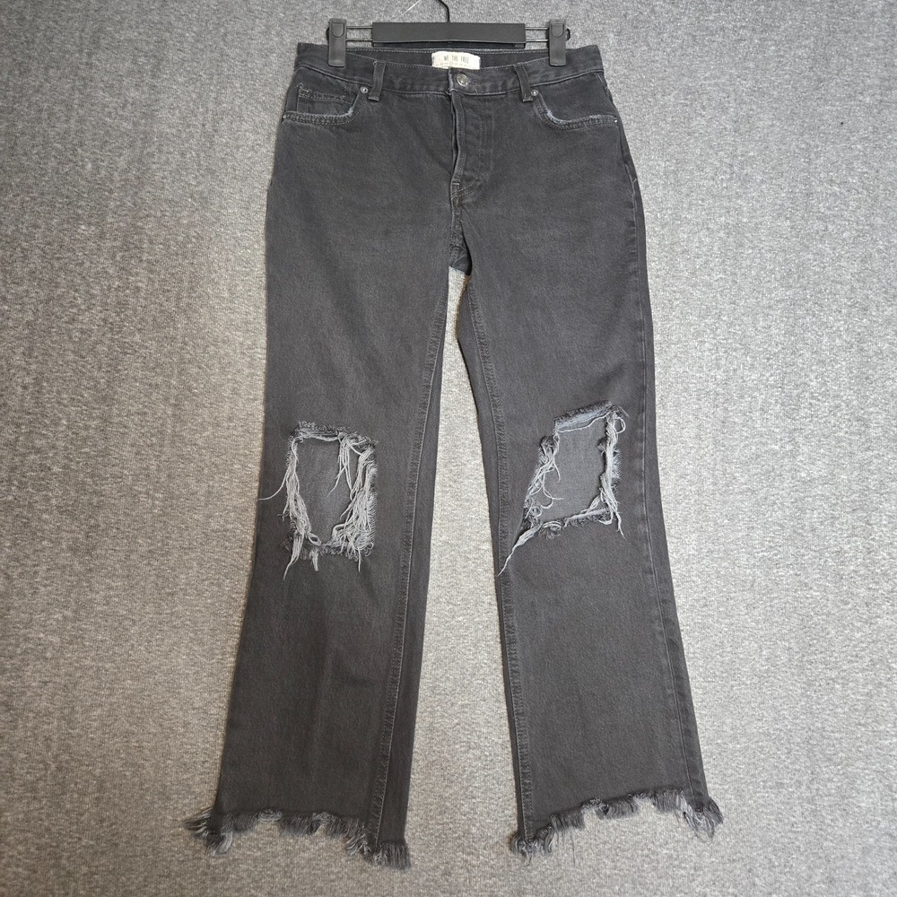 Free People Maggie Mid-Rise Straight-Leg Cropped Jeans Black Button Fly Sz 27